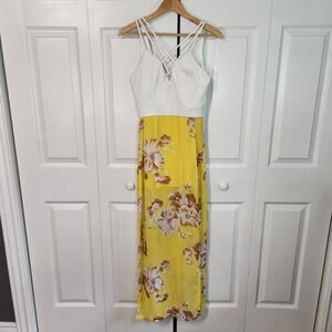 Tea & Cup Los Angeles Floral Maxi Dress White Yellow Strappy Back Small Tropical